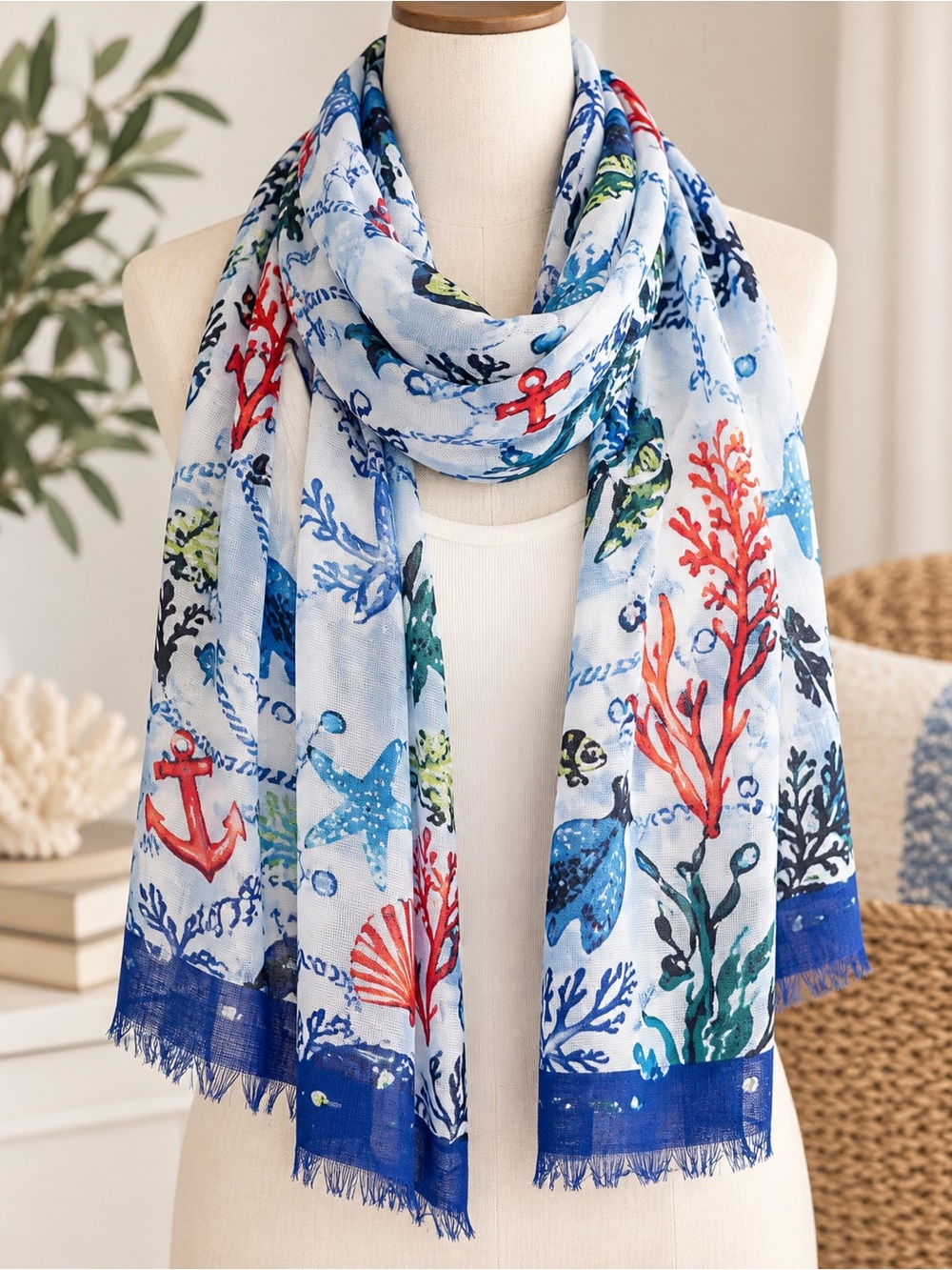 NWT VERA BRADLEY Soft Fringe Scarf Anchors Aweigh Coastal Nautical Ocean Print